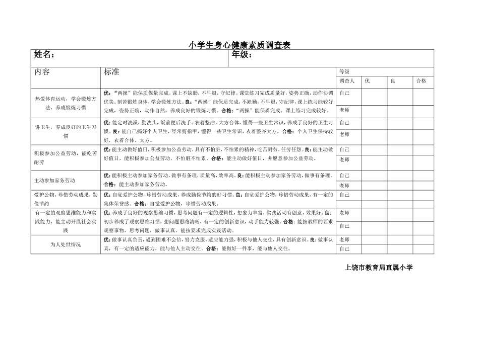 小学生身心健康素质调查表_第1页