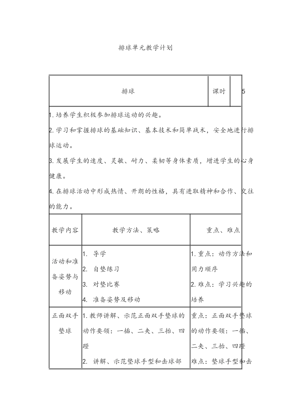 排球单元教学计划_第1页