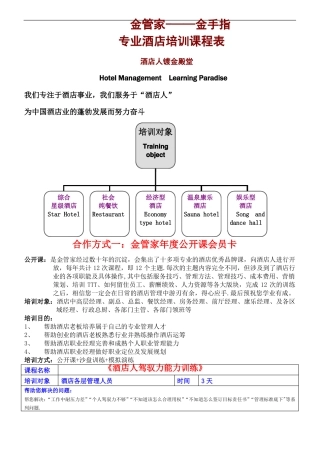 金管家酒店管理培训公司内训课程表