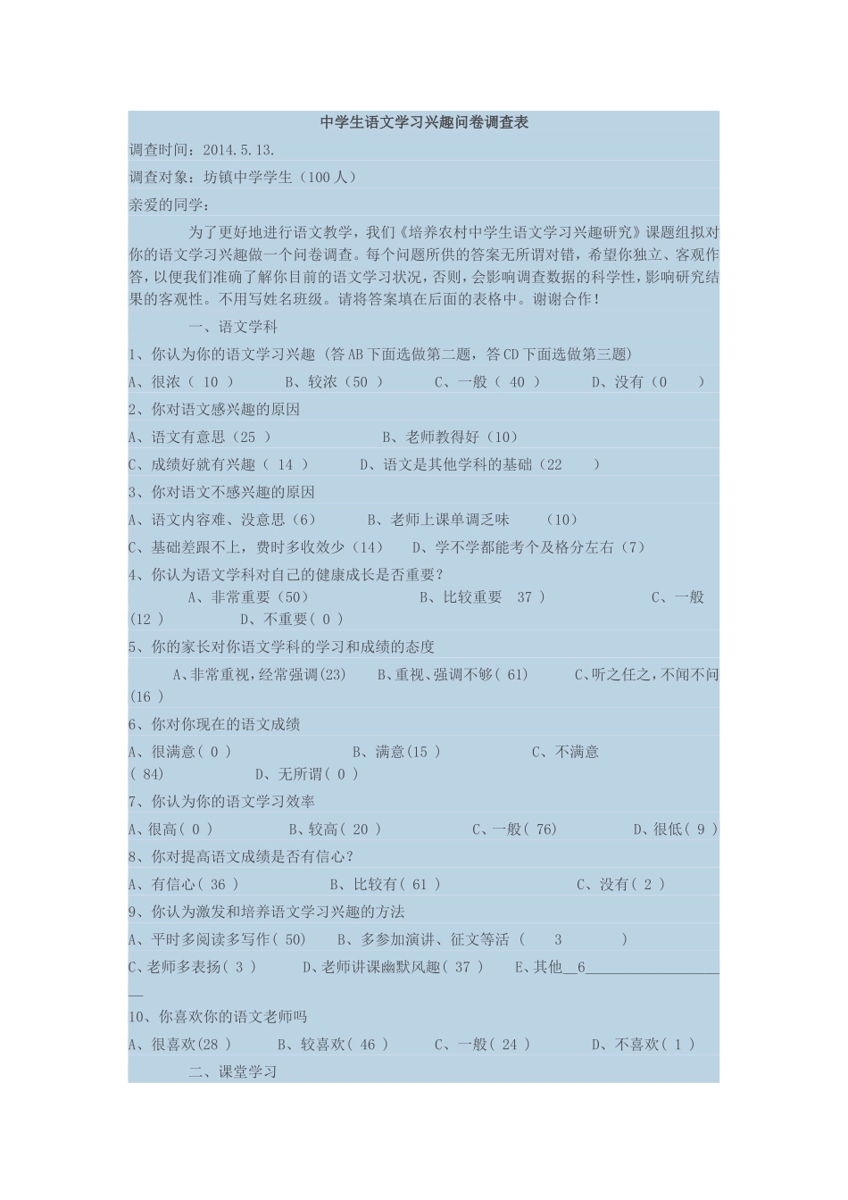 中学生语文学习兴趣调查表_第1页