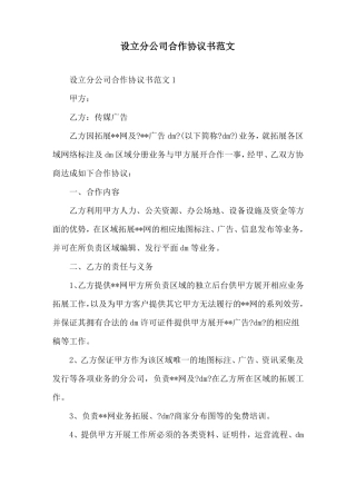 设立分公司合作协议书范文精选
