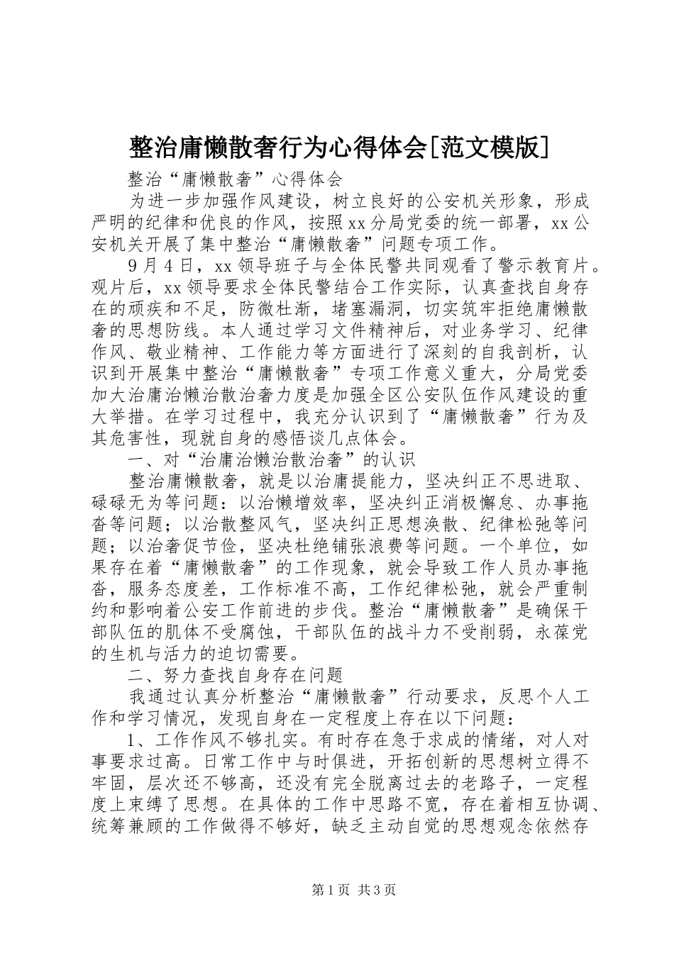 整治庸懒散奢行为心得体会[范文模版]_第1页