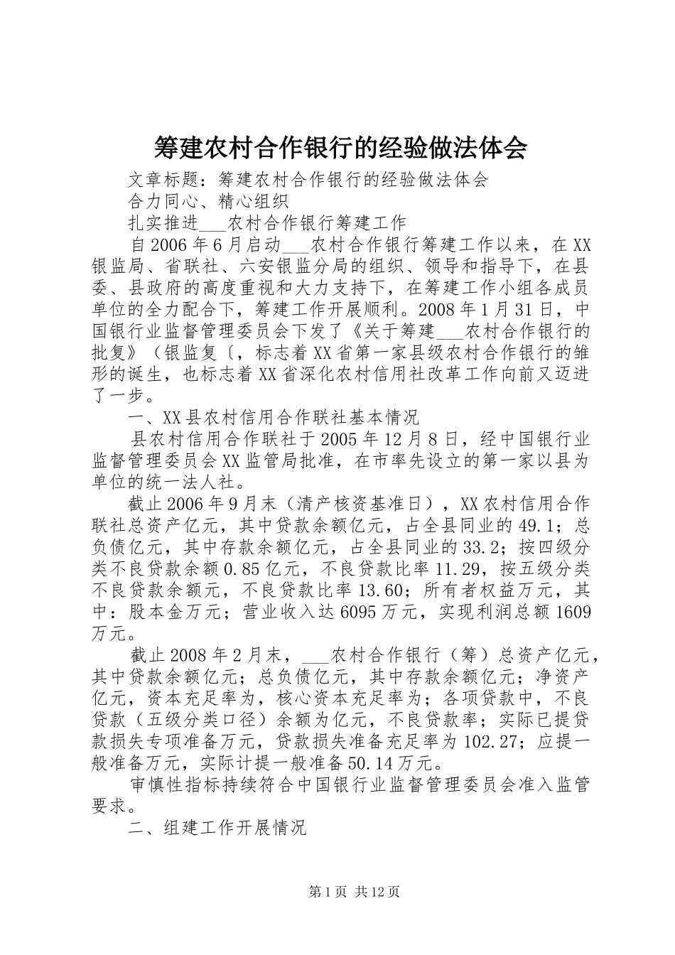 筹建农村合作银行的经验做法体会_第1页