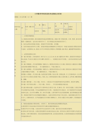 小学数学学科阶段性考试情况分析表