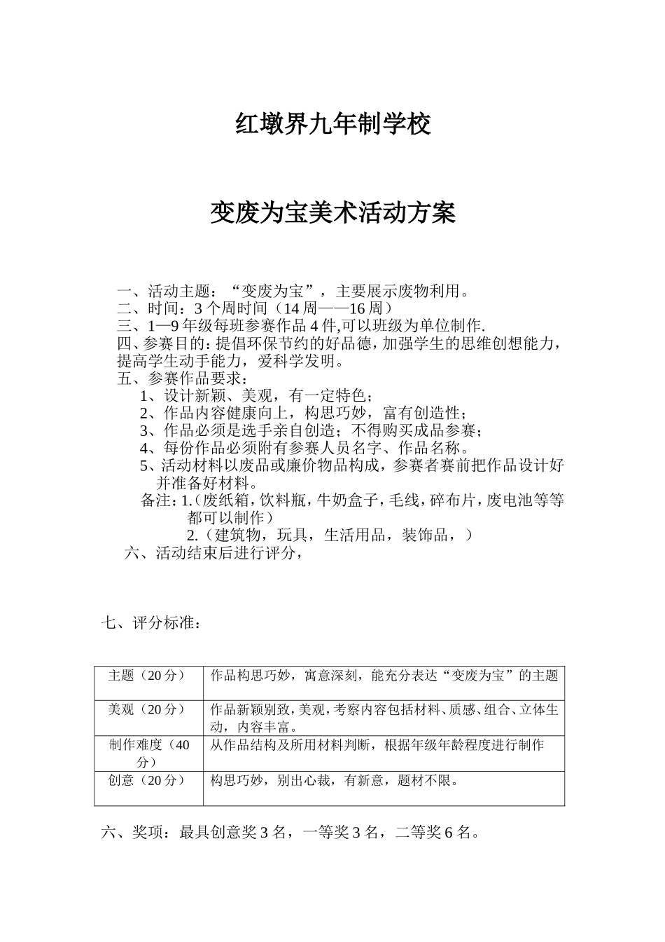 红墩界九年制学校变废为宝美术活动方案_第1页