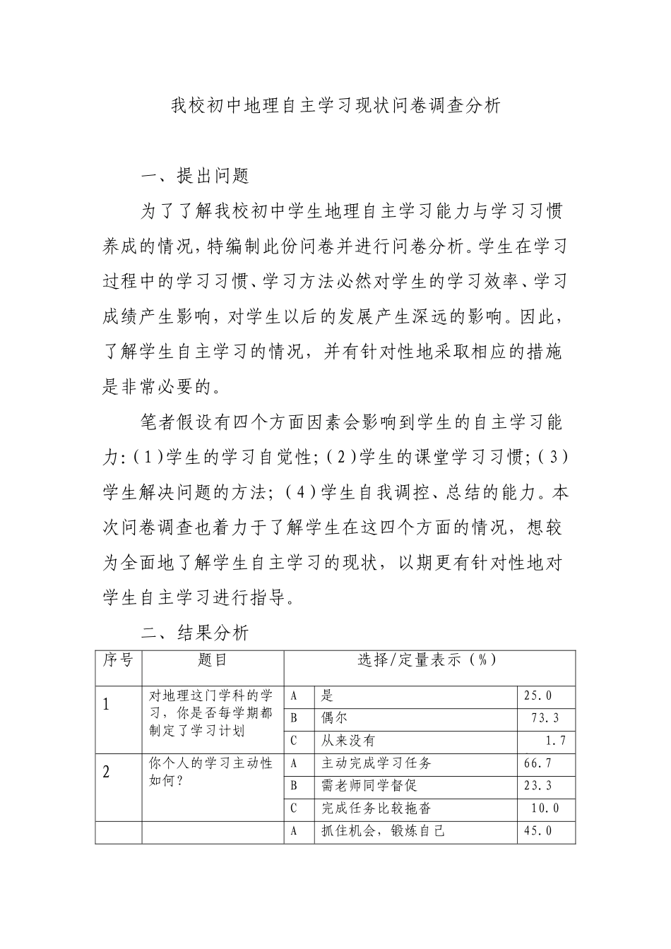 我校初中地理自主学习现状问卷调查分析_第1页
