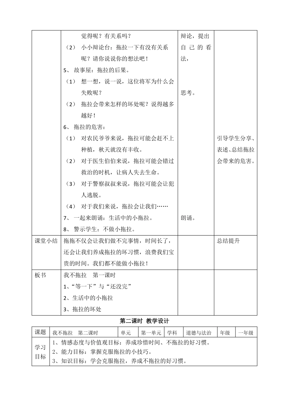 最新2022部编版道德与法治一年级下册我不拖拉优质教案教学设计_第2页