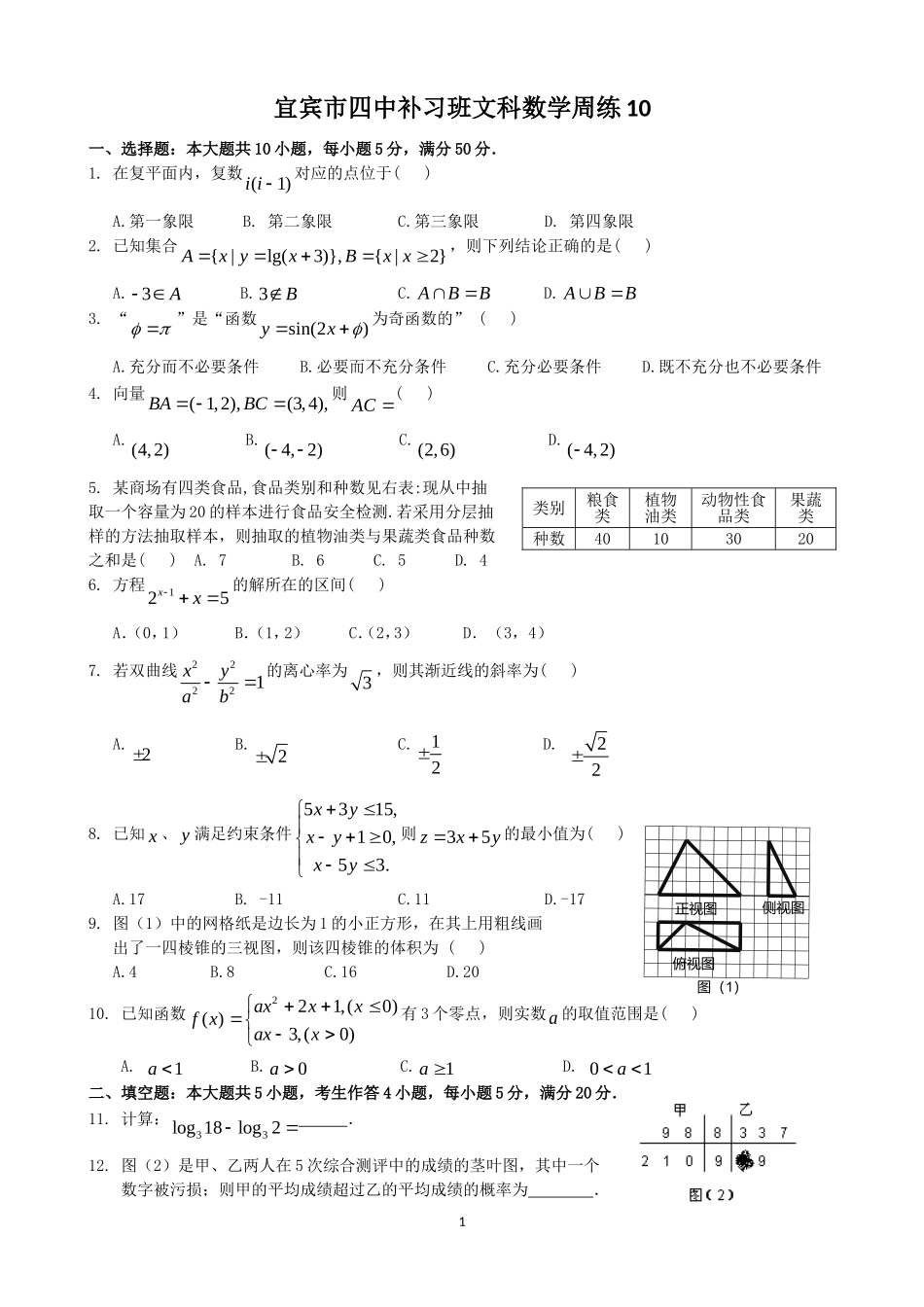 宜四中高2012级文科数学周练十_第1页