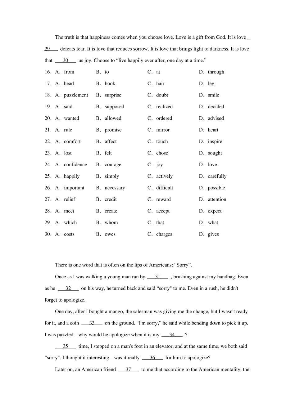 高考英语完型填空专项练习题含答案_第3页