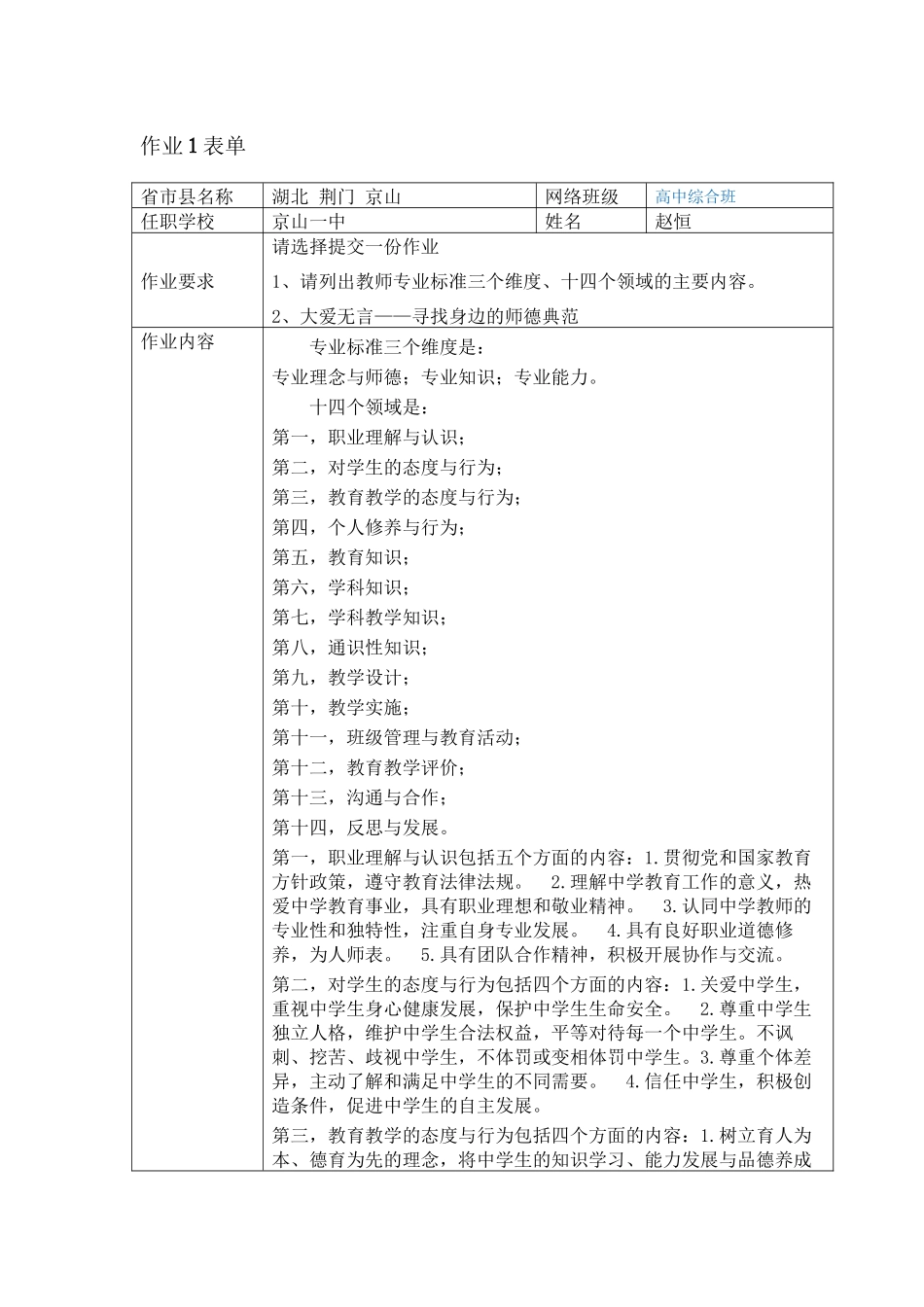 教师专业标准三个维度、十四个领域的主要内容_第1页