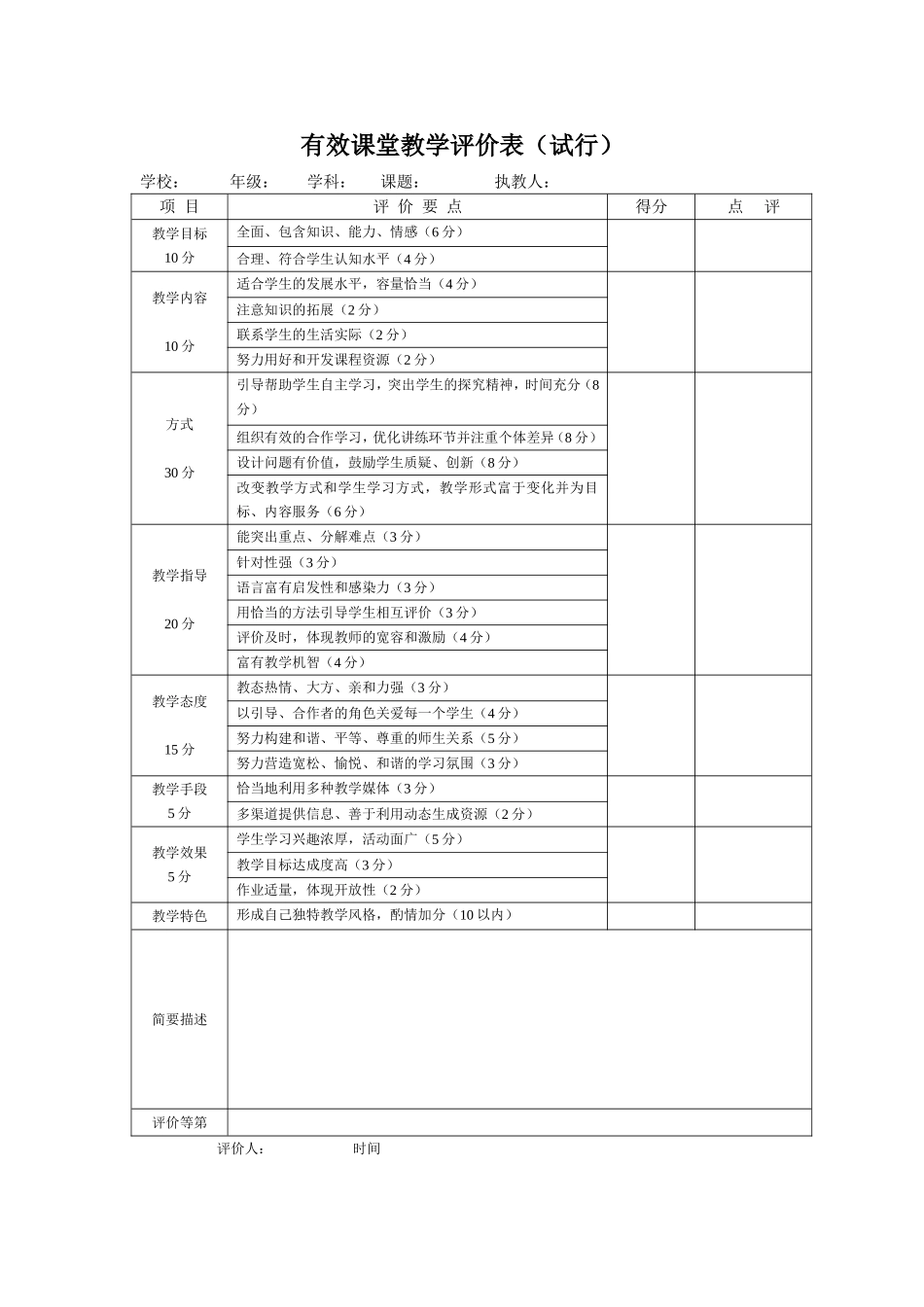 有效课堂教学评价表_第1页