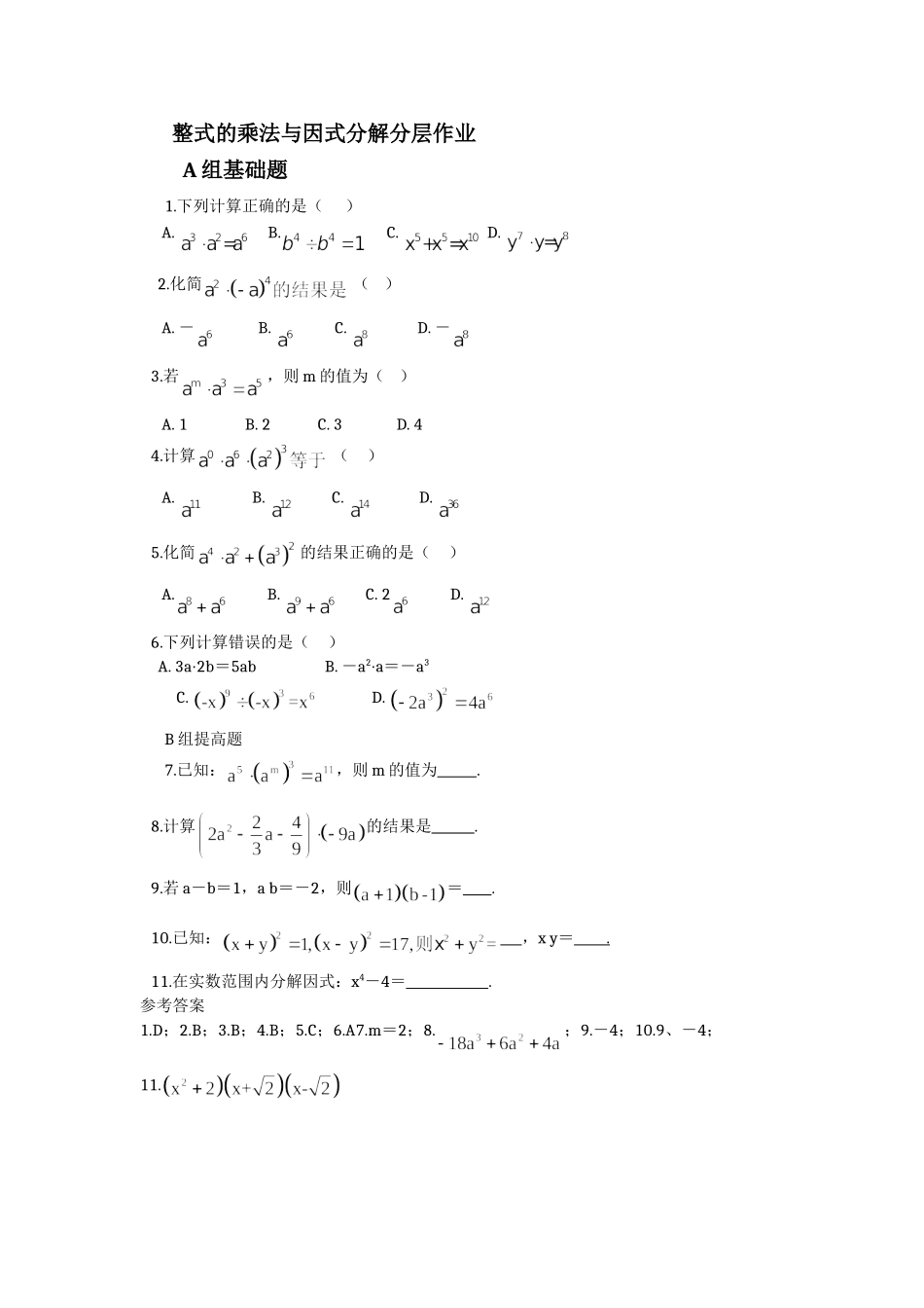 整式的乘法与因式分解分层作业_第1页