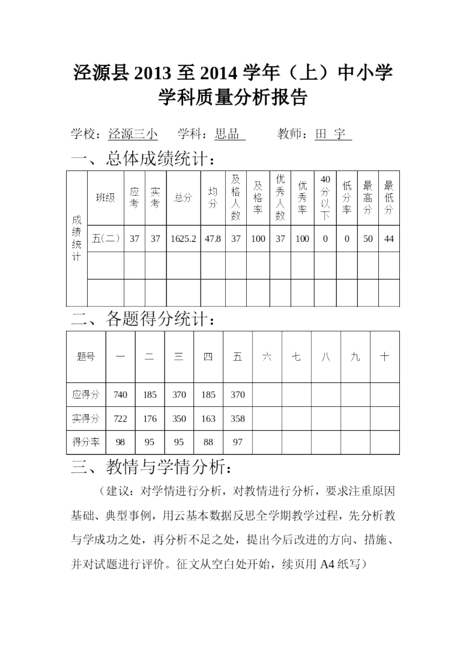 2013至2014五年级思品分析与反思_第1页