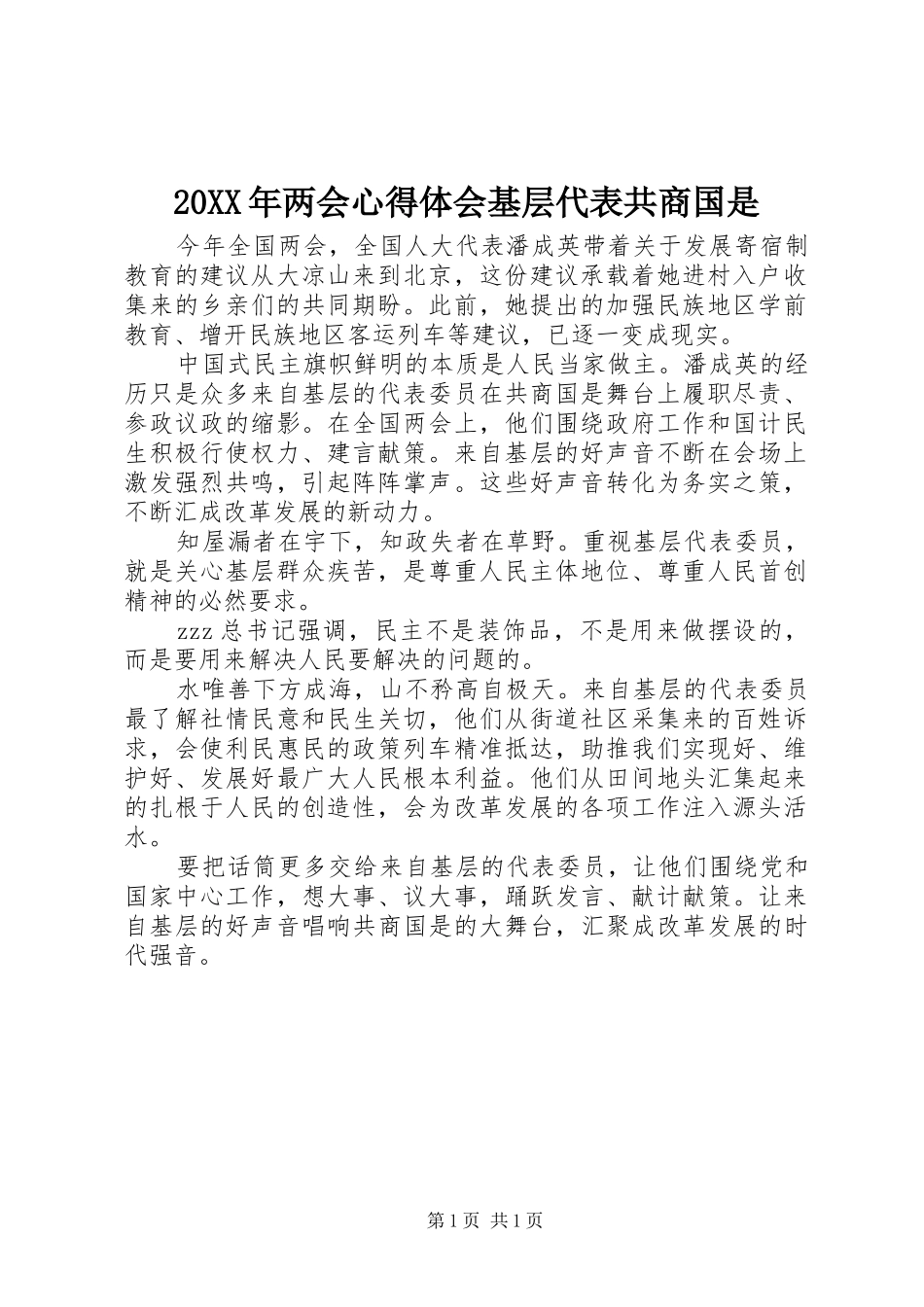 20XX年两会心得体会基层代表共商国是_第1页
