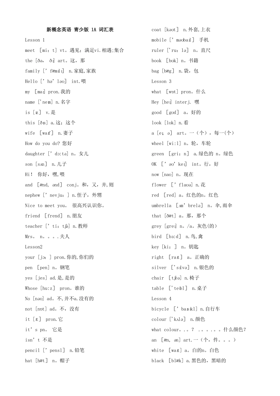 新概念英语青少版1A1B单词表词汇_第1页