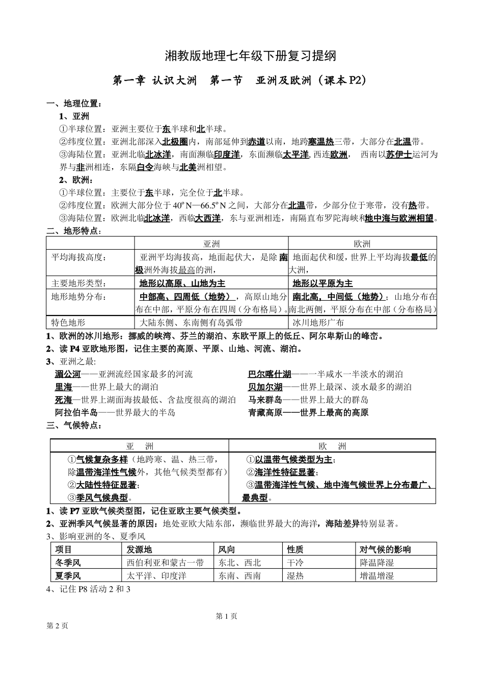 湘教版七年级地理下册复习提纲_第1页