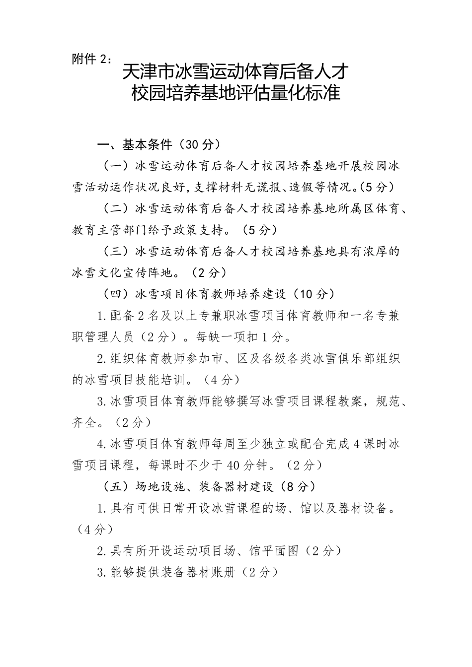 天津冰雪运动体育后备人才校园培养基地评价量化标准模板_第1页