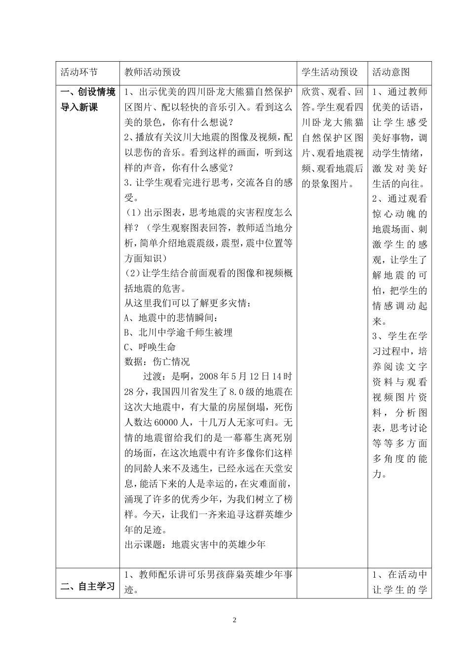 《地震灾害中的英雄少年》教学设计_第2页