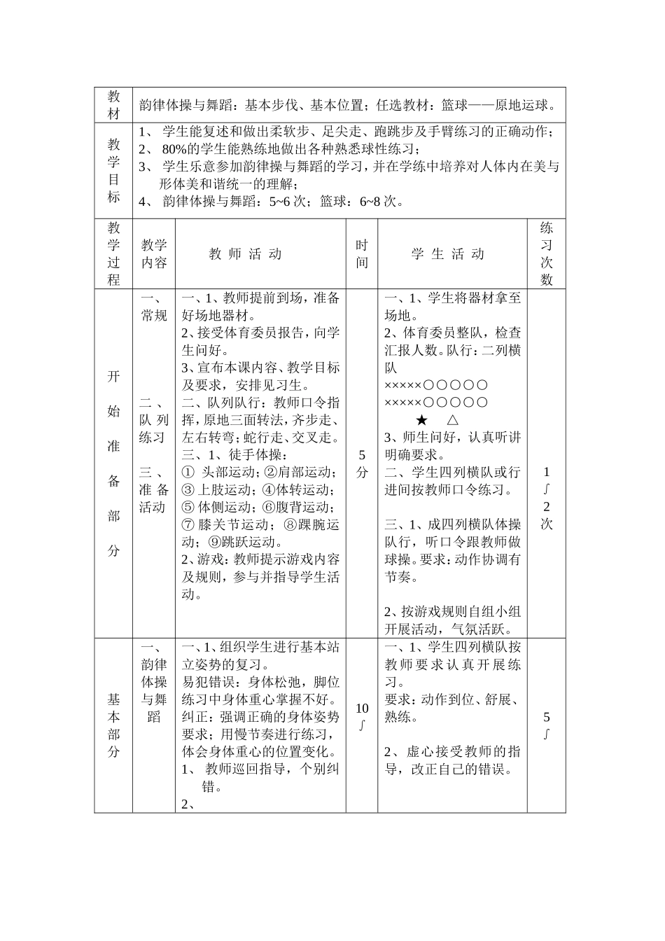 韵律体操与舞蹈：基本步伐、基本位置教案_第1页