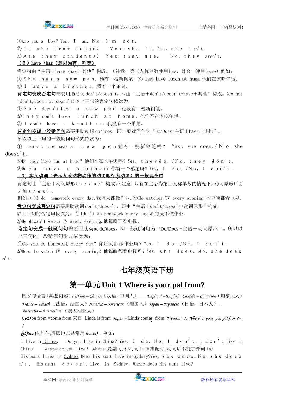 七年级英语下册复习内容摘要_第2页