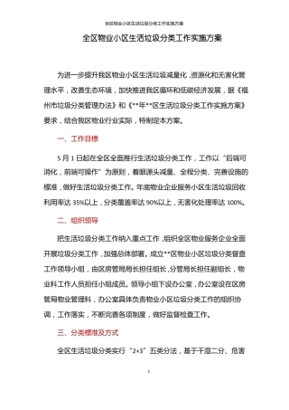 全区物业小区生活垃圾分类工作实施方案