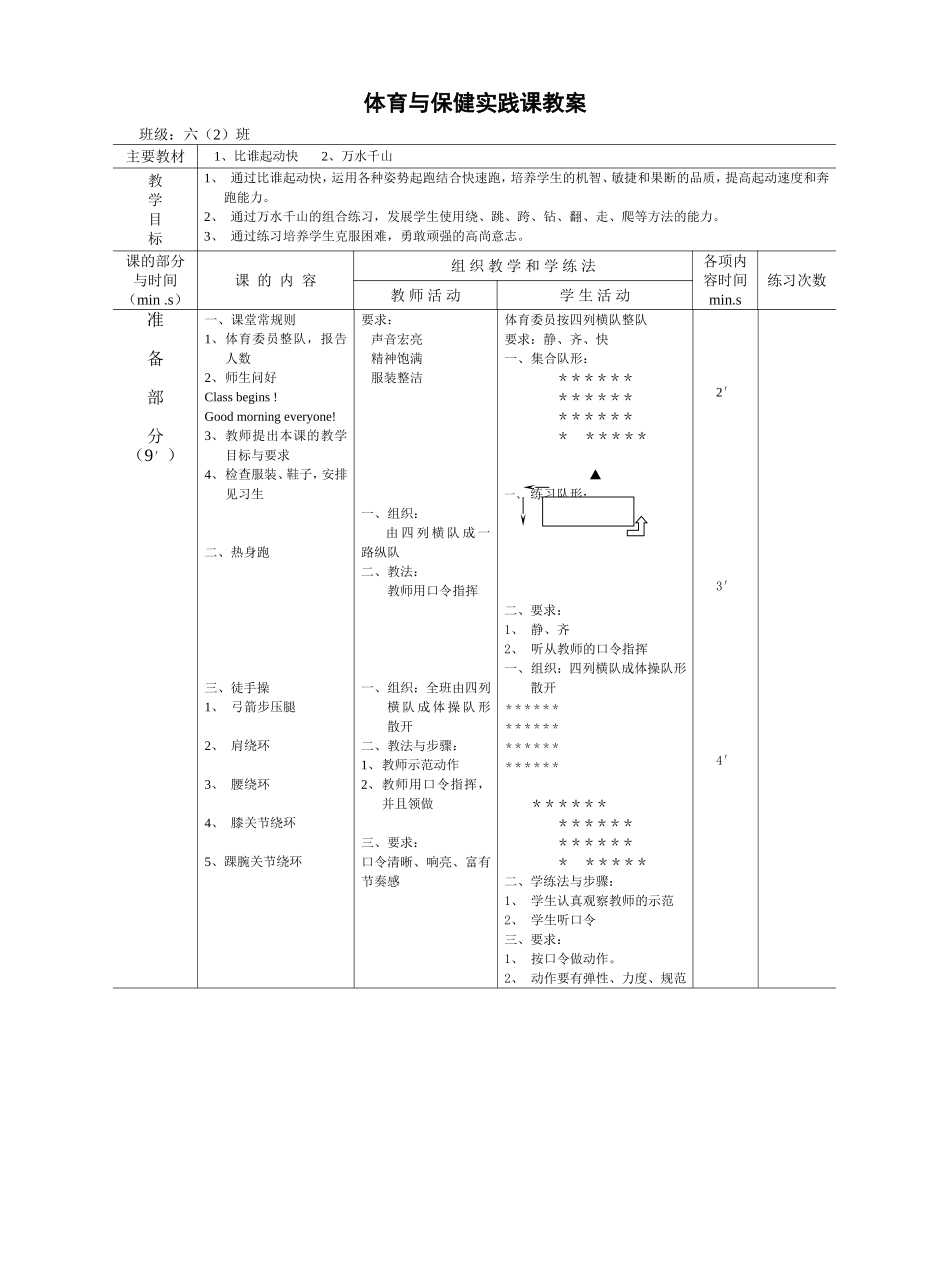 六年级体育与保健实践课教案教案_第1页
