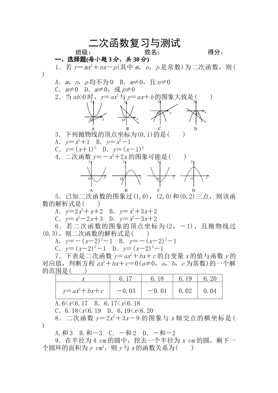 九年级上册数学二次函数复习与测试_第1页