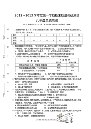 2012--2013学年度第一学期八年级政治期末思想品德试卷及答案
