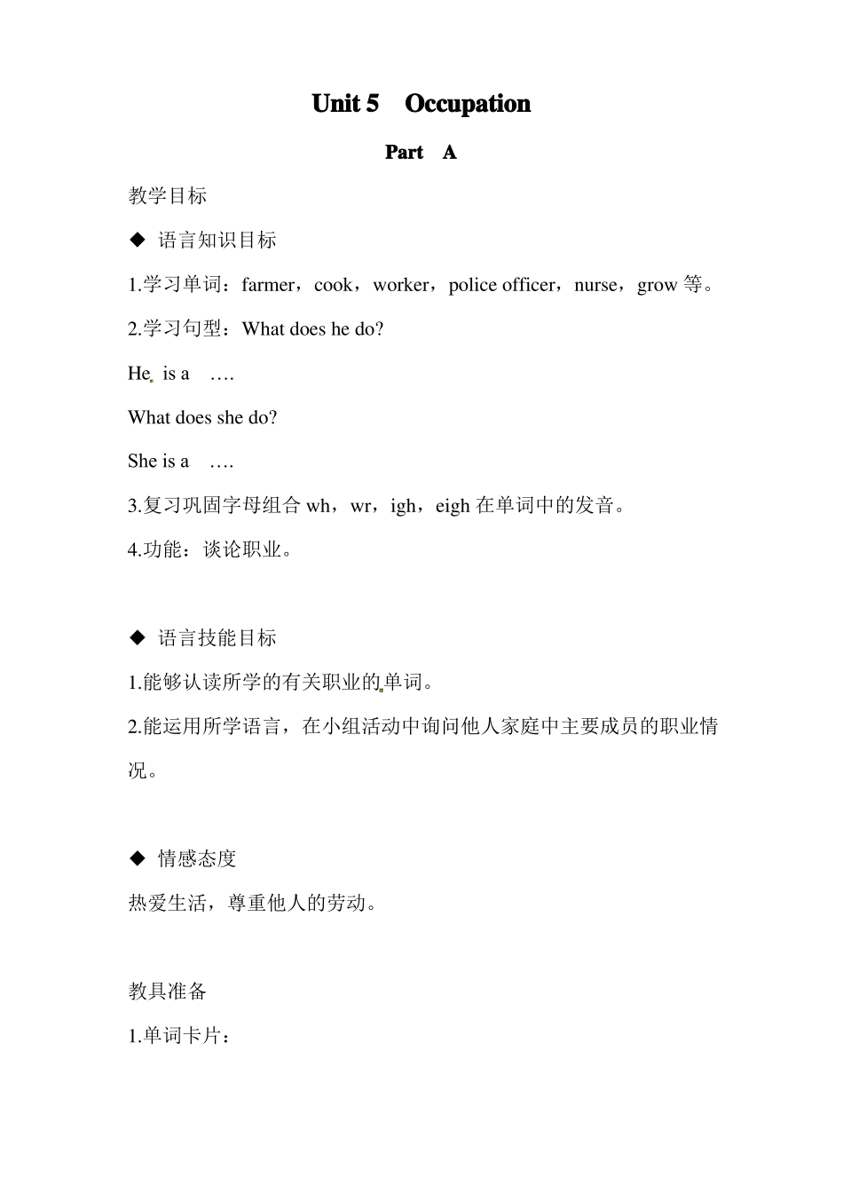 闽教版六下英语Unit5OccupationPartA公开课教案课件知识点梳理_第1页