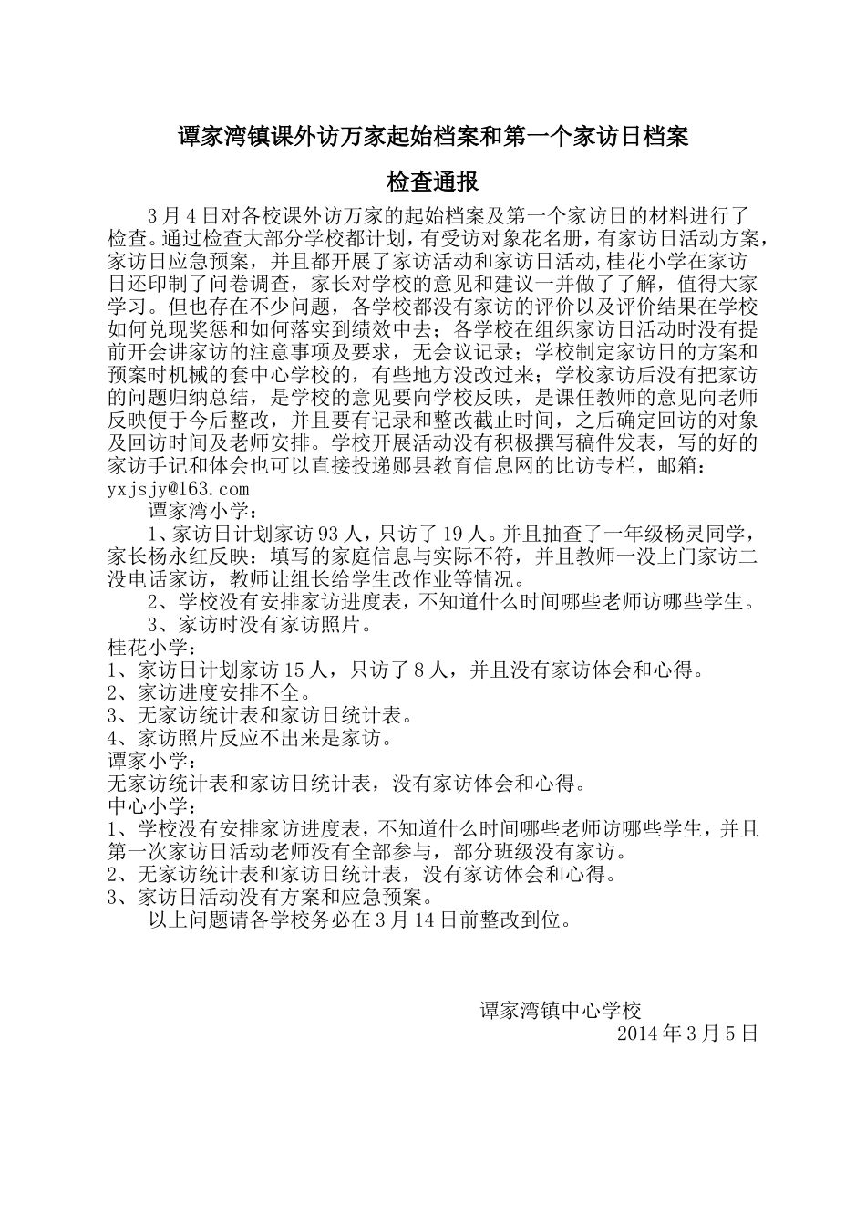谭家湾镇课外访万家起始档案和第一个家访日档案检查通报_第1页