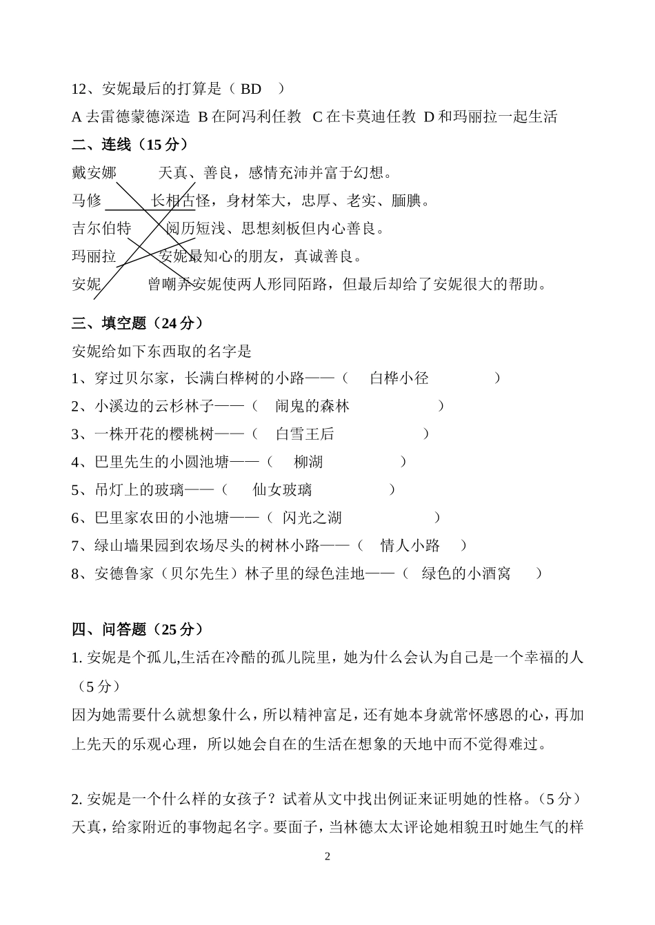 《绿山墙的安妮》答案_第2页