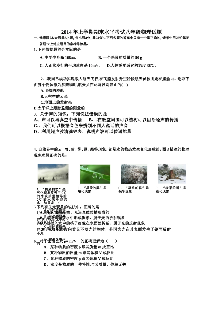 2013年上学期期末水平考试八年级物理试题_第1页