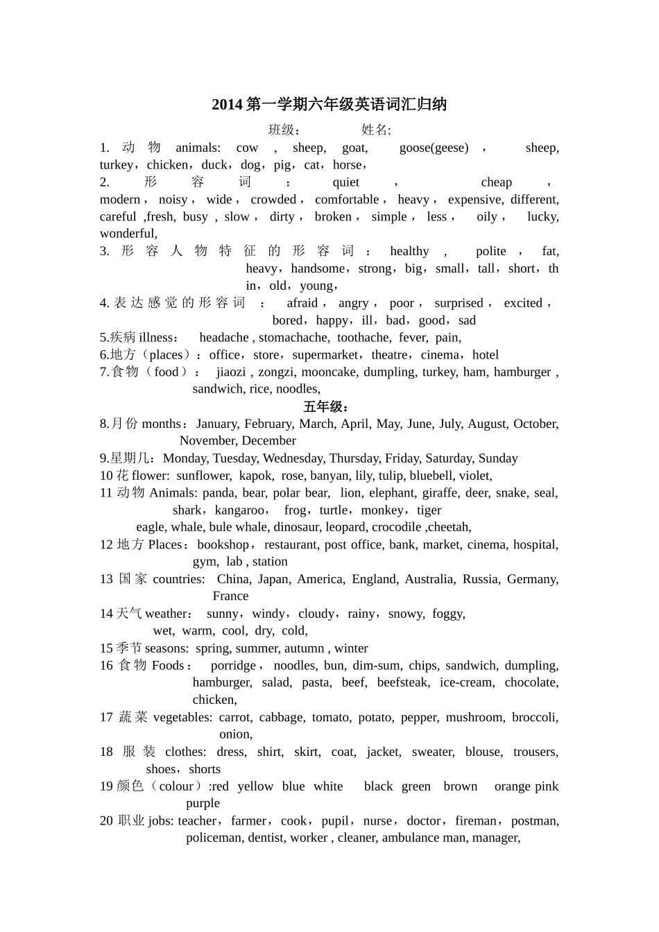 2014六年级英语词汇归纳_第1页