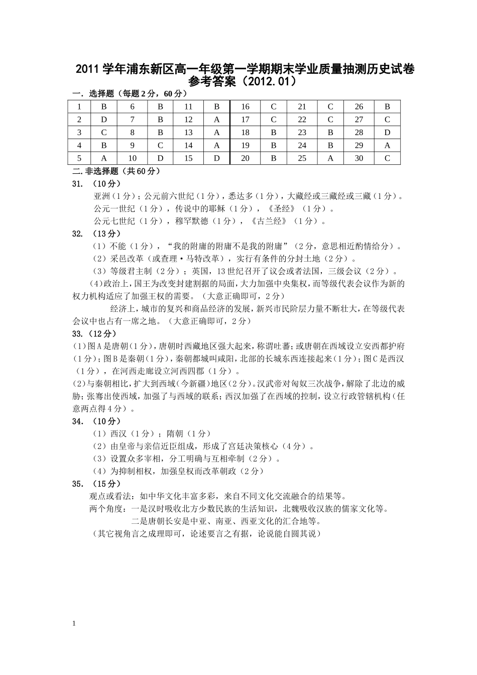 浦东2011学年第一学期高一历史期末抽测答案_第1页