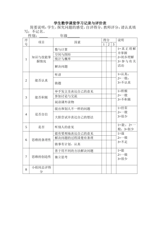 学生数学课堂学习记录与评价表