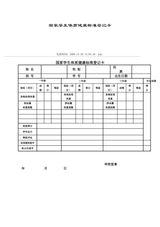 国家学生体质健康标准登记卡