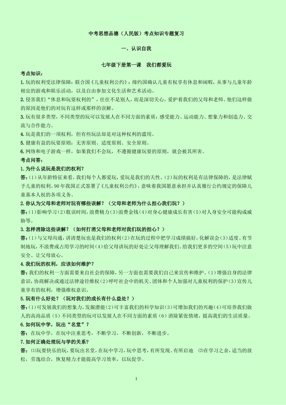 曼等中学2013年初中思想品德(人民版)中考知识点总复习_第1页