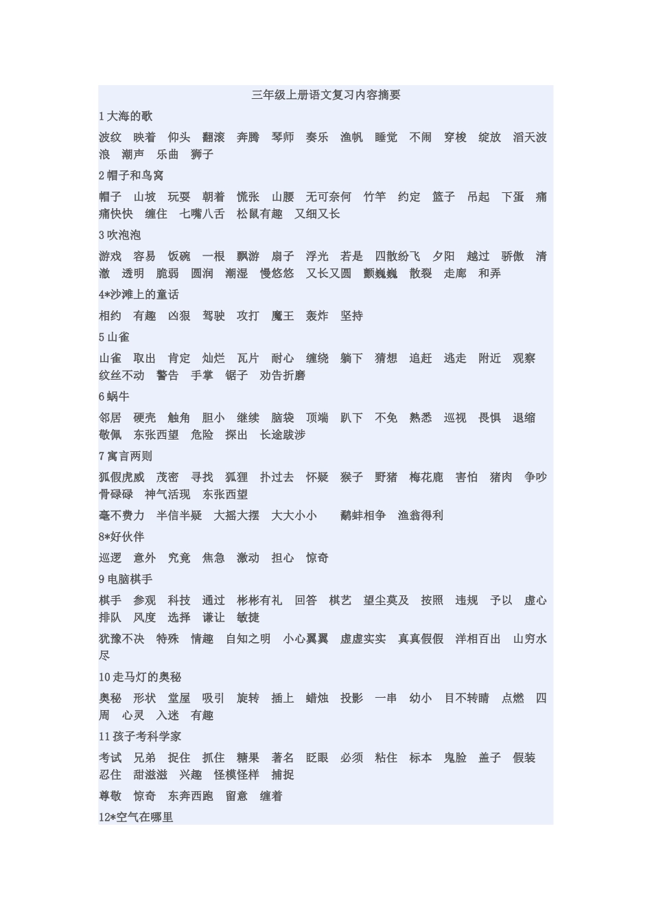 三年级上册语文复习内容摘要_第1页