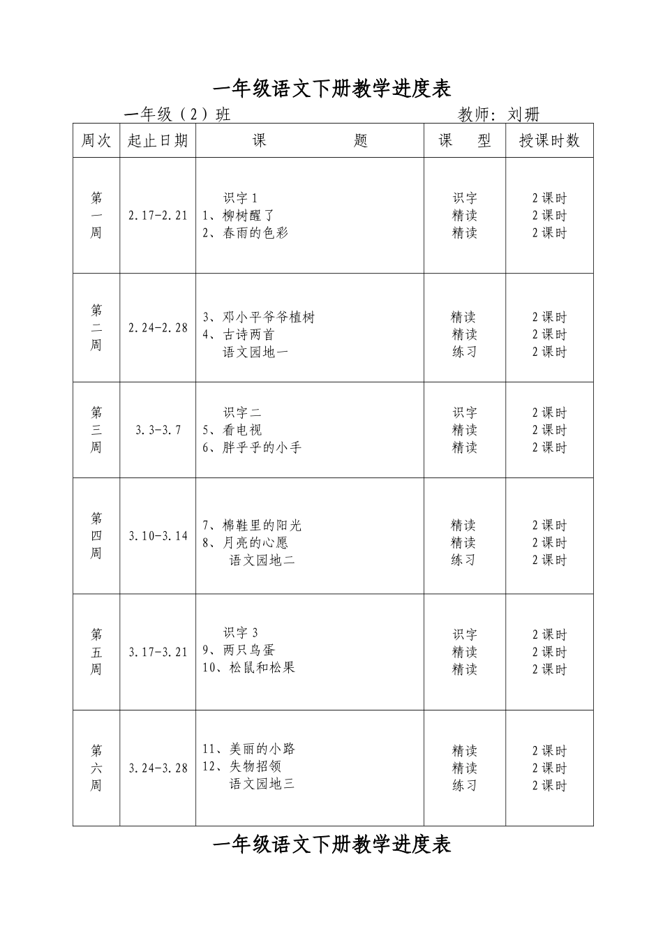 一年级下册教学进度表_第1页