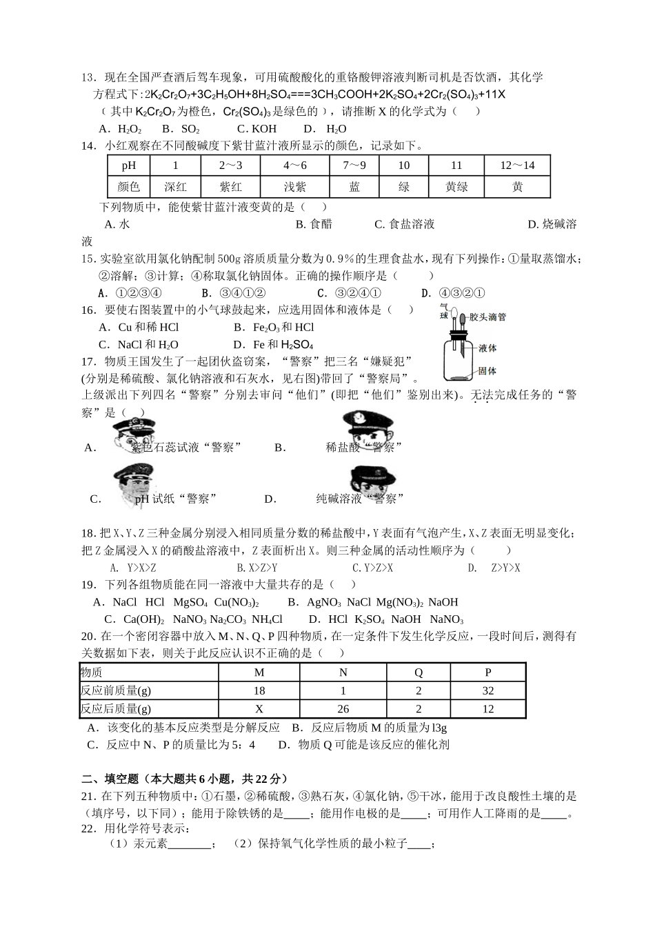 2014年上学期孙家湾中学九年级期中考试试题（化学）_第2页