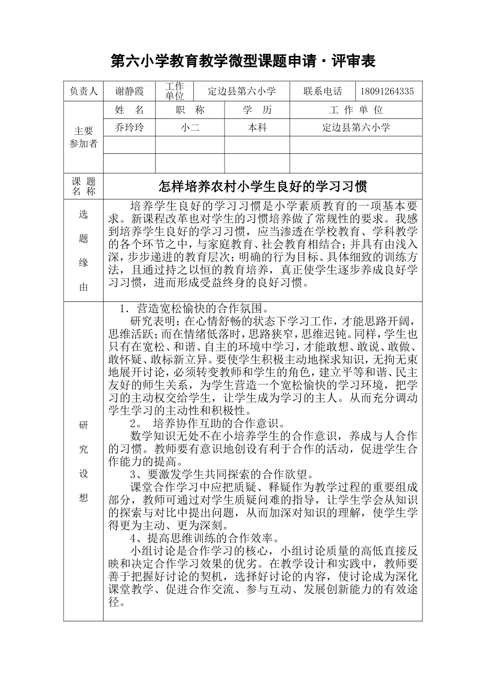 乔玲玲第六小学微型课题申请评审书_第1页