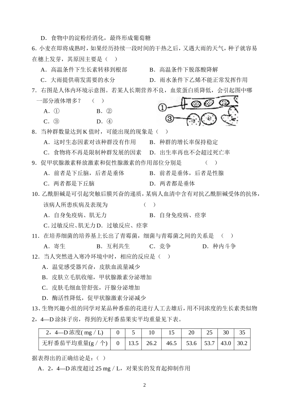 高二生物必修三期中考试题_第2页