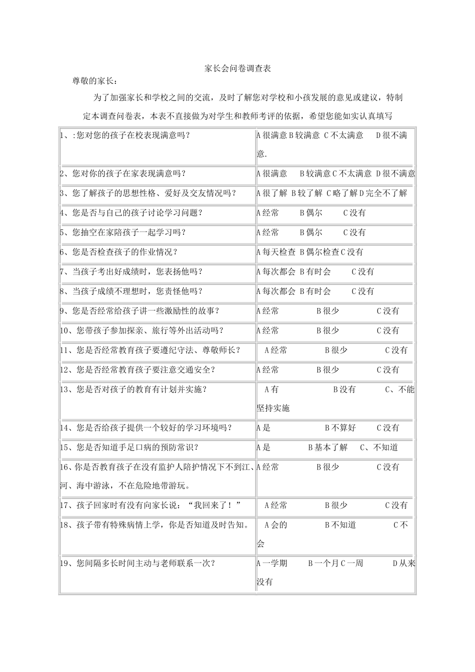初中生家长会问卷调查表_第1页