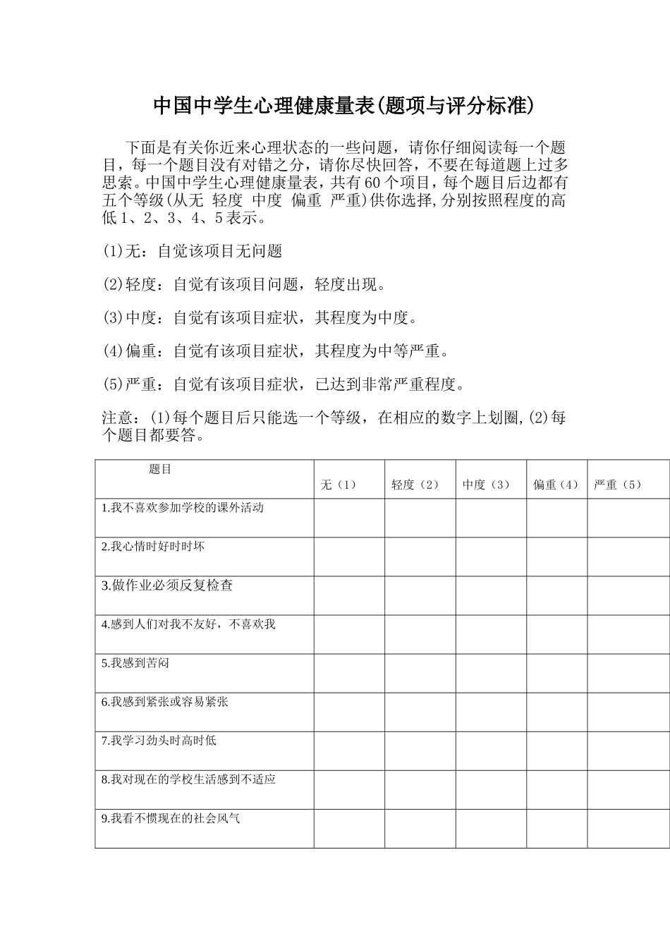 中学生心理健康调查量表_第1页