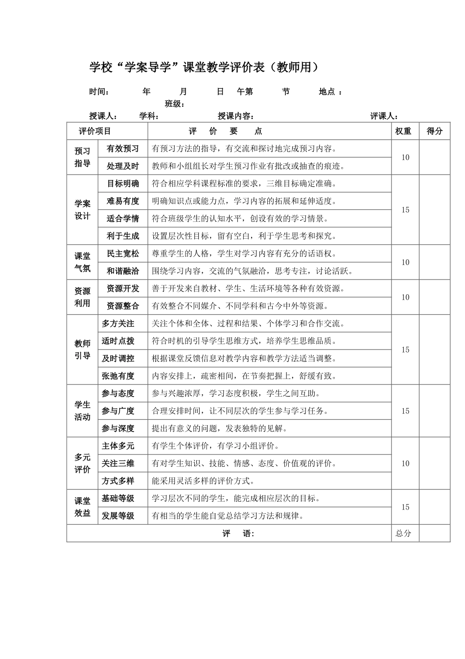 “学案导学”课堂教学评价表(教师用)_第1页