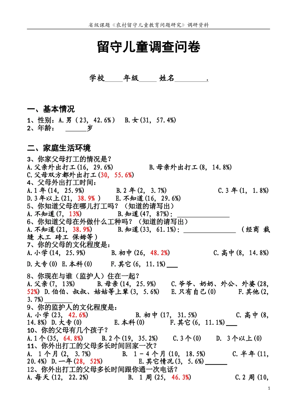 留守儿童调查问卷 (2)_第1页