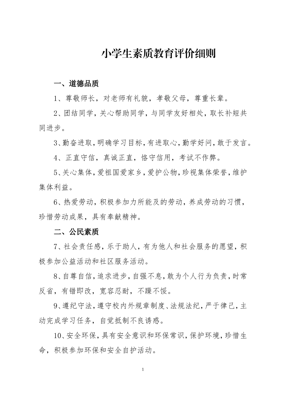 小学学生素质教育评价细则_第1页