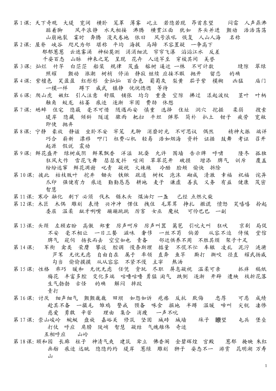 人教版语文四年级上册词表_第1页