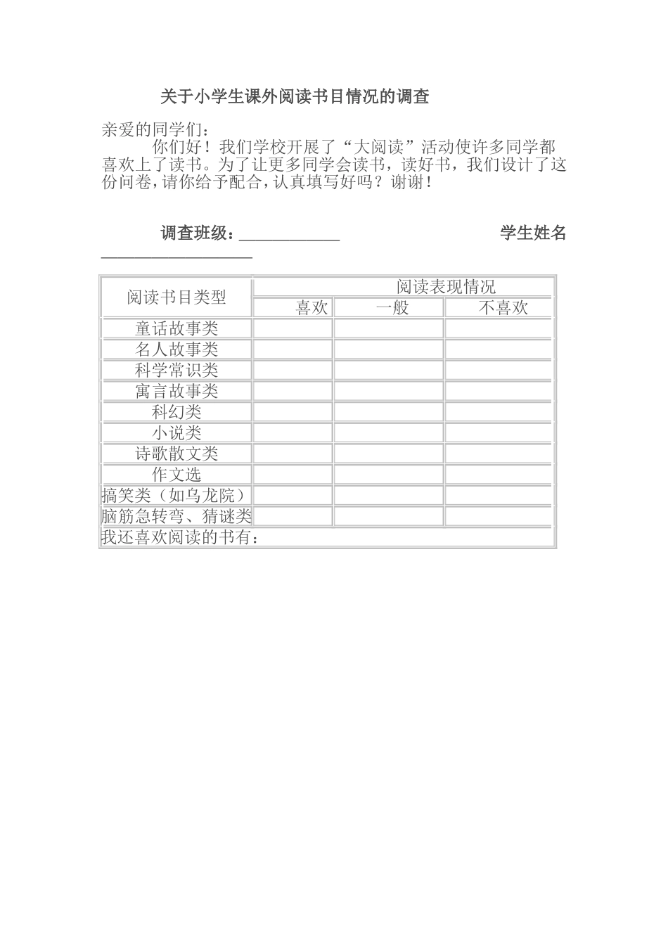 关于小学生课外阅读书目情况的调查_第1页