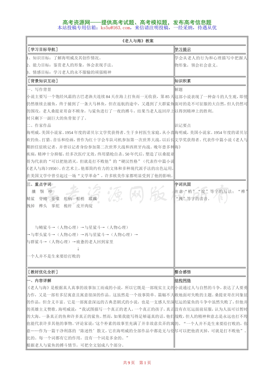 老人与海教案新人教必修_第1页